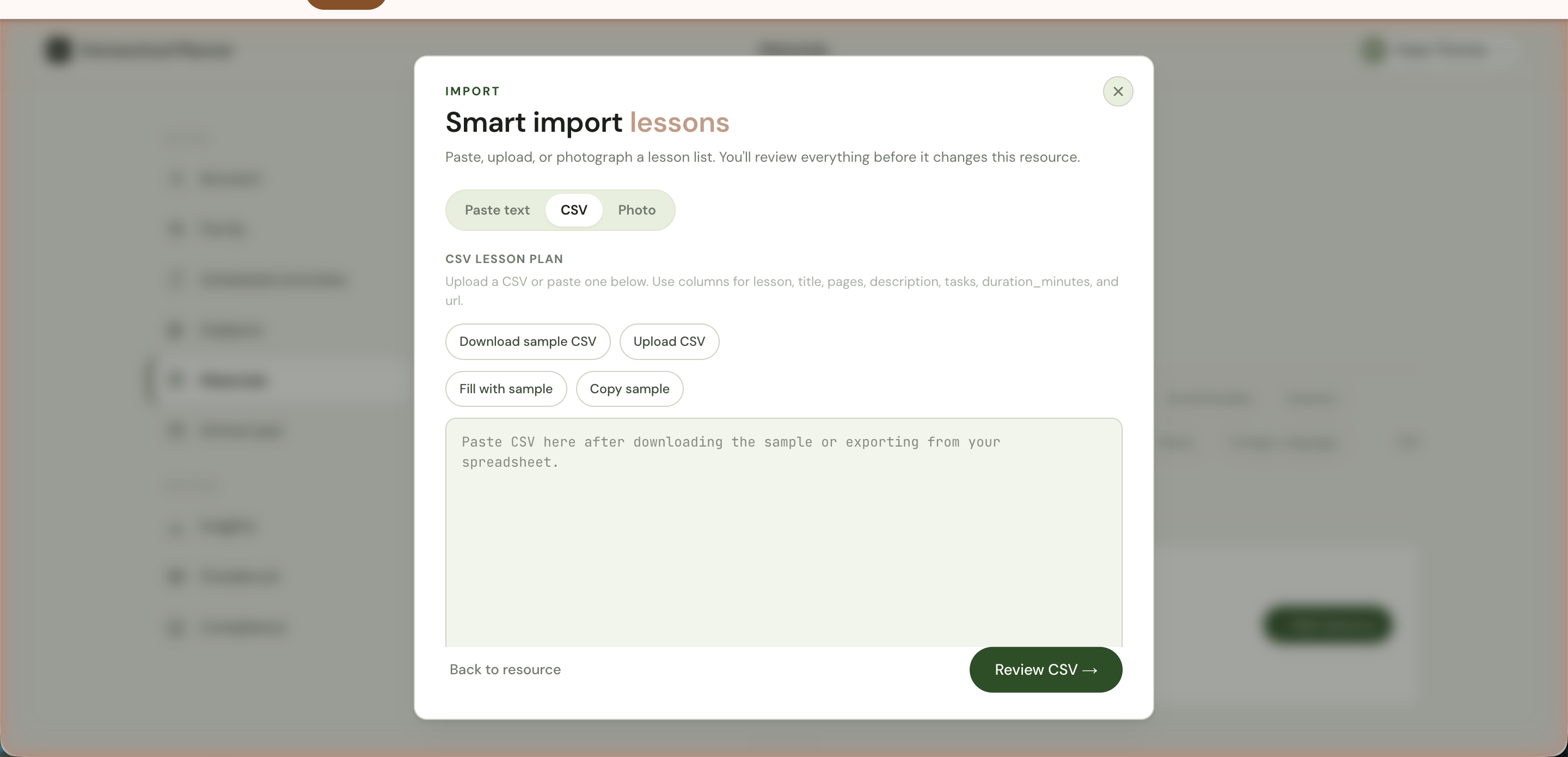 The Smart import dialog in CSV mode with sample CSV download and upload buttons, a Fill with sample button, and a paste textarea.