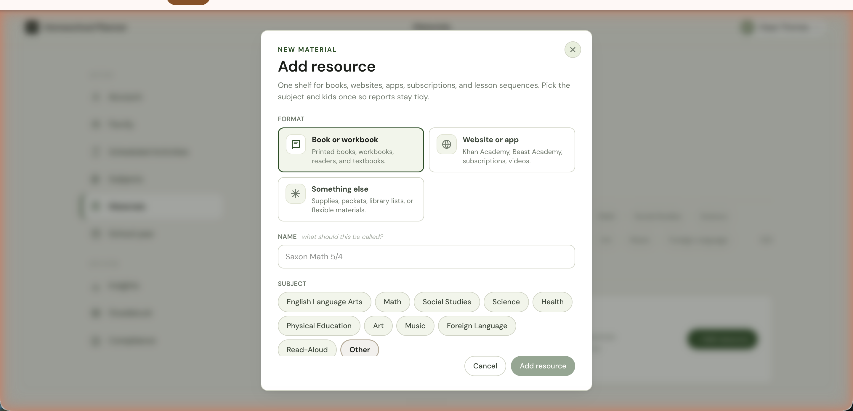 The top half of the Add resource dialog with three Format cards (Book or workbook, Website or app, Something else), a Name field with a placeholder, and Subject chips for the eleven subjects.