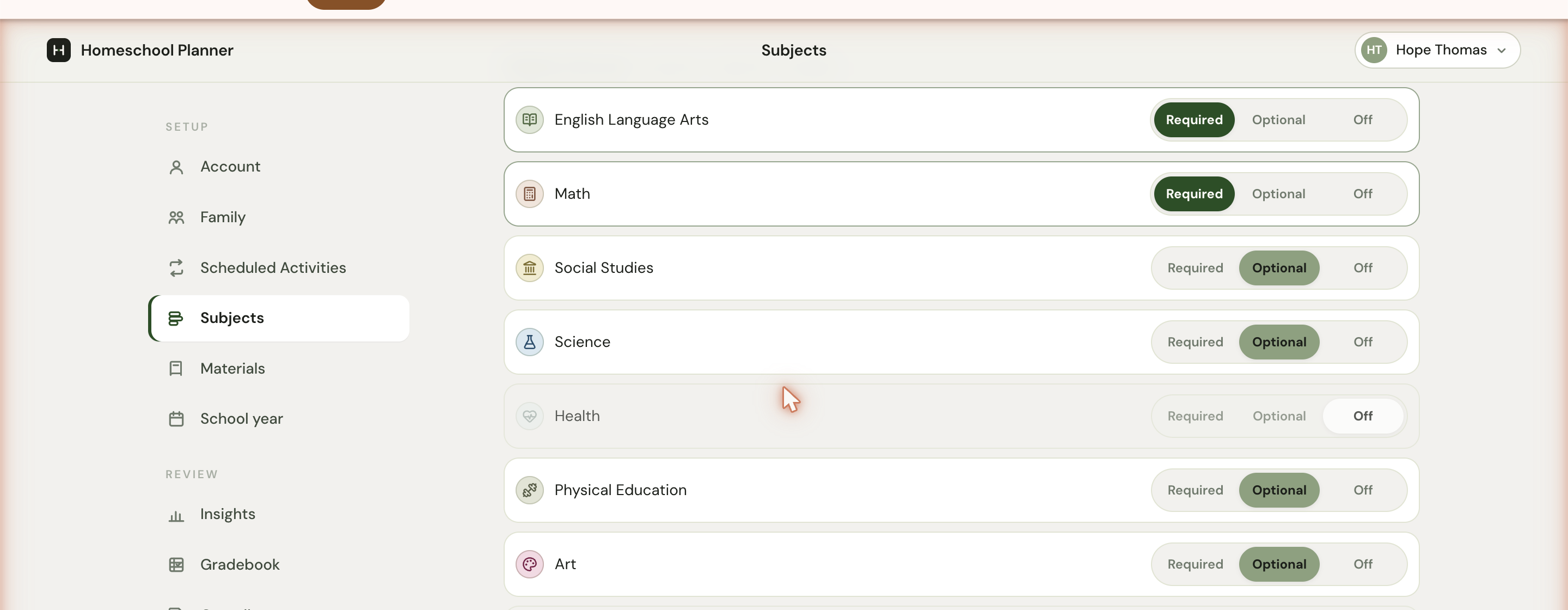 The full eleven-subject list scrolled to show all rows — English Language Arts, Math, Social Studies, Science, Health, Physical Education, Art, Music, Foreign Language, Read-Aloud — with the three-state toggle on each.